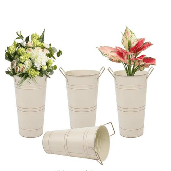 10.62 Inch Galvanized Metal Vases Farmhouse French Flower Bucket Vases for Cut Flowers for Home Decor and Wedding Table Centerpiece Decorations (Medium Size Beige 4Pcs)
