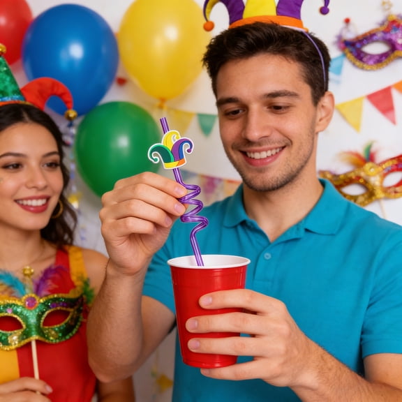 10.63" Mardi Gras Themed Reusable Drinking Straws - Festive Party Decor (Carnival Mask Design)
