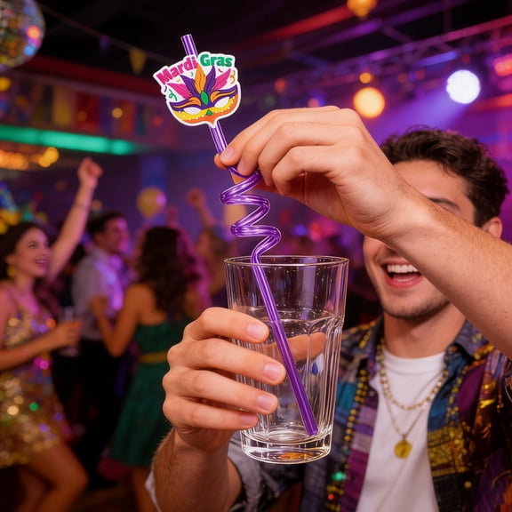 10.63" Mardi Gras Themed Reusable Drinking Straws - Festive Party Decor (Carnival Mask Design)