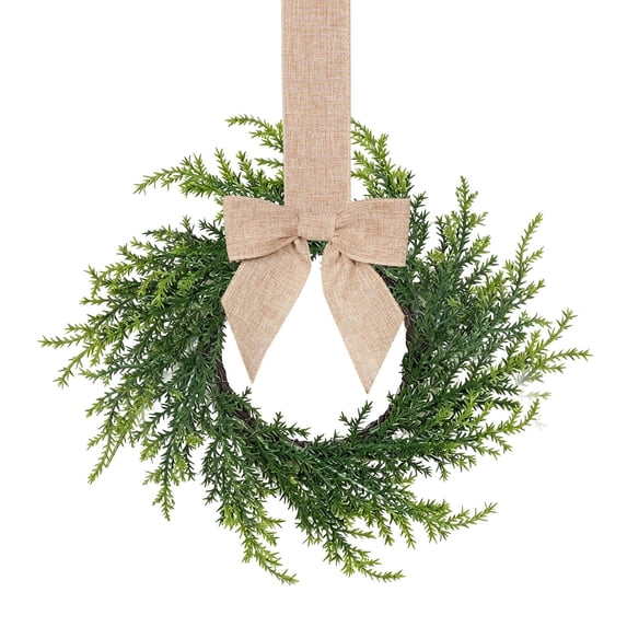 10.6Inch Small Christmas Wreaths for Kitchen Cabinet,Artificial Christmas French Pine Wreath with Beige Bow for Home Decor