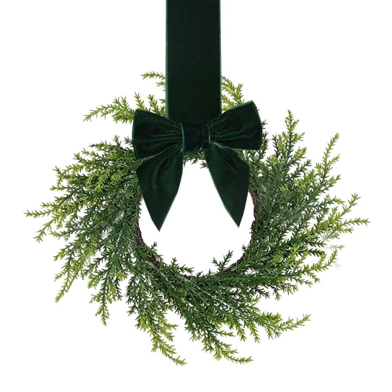 10.6Inch Small Christmas Wreaths for Kitchen Cabinet,Artificial Christmas French Pine Wreath with Black Bow for Home Decor