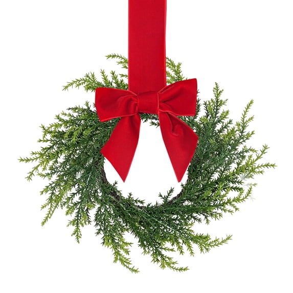10.6Inch Small Christmas Wreaths for Kitchen Cabinet,Artificial Christmas French Pine Wreath with Red Bow for Home Decor