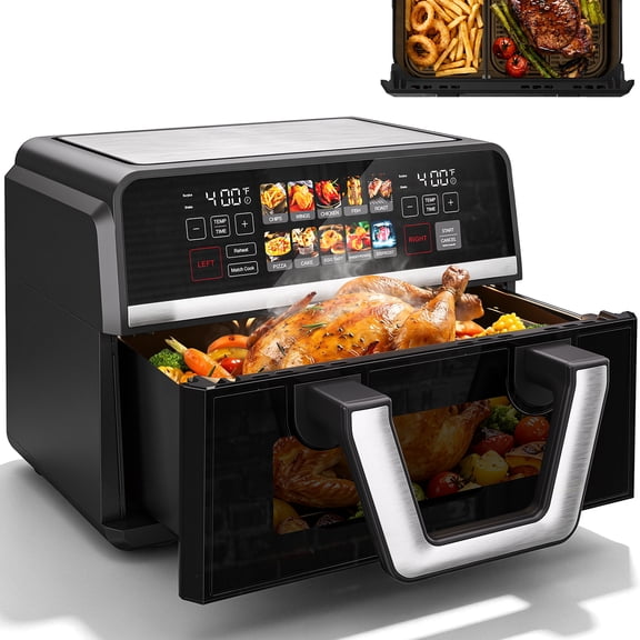 11QT Dual Basket Air Fryer Oven, Digital Control, Clear-View Window, Versatile Air Fryer for Roasting, Baking, Reheating Healthy Meals