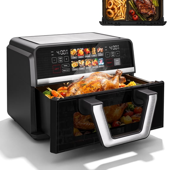 10QT Dual Basket Air Fryer Oven, Digital Control, Clear-View Window, Versatile Air Fryer for Roasting, Baking, Reheating Healthy Meals