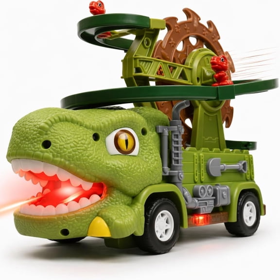 10.6in Green Dino Truck, Light-Up Mouth & Spiral Track, Musical Walking Car with 3 Mini Dinos, Kids Ages 3-6