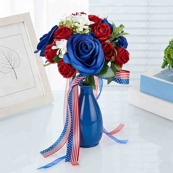 10.6x7.5 Inch Patriotic Handheld Bouquet - Red White Blue Independence Day Artificial Flower Arrangement with Bow - 4th of July Faux Bouquet for Parades, Home Vase Decor, Centerpiece