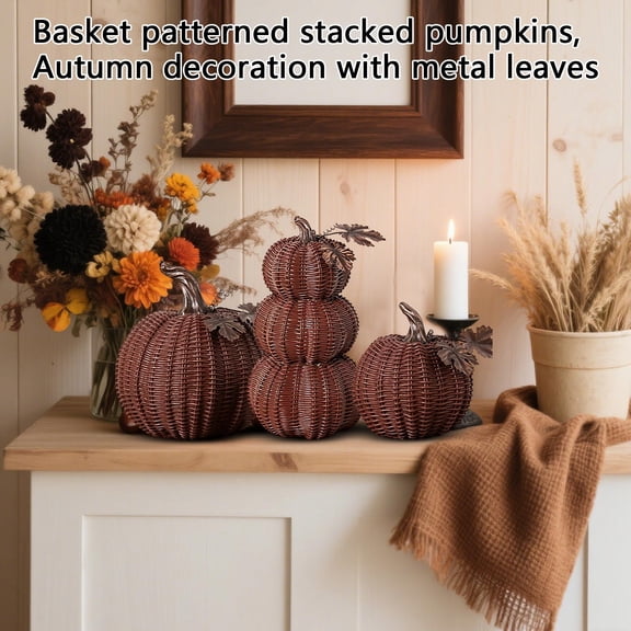 10"/7"/5" Basketweave Stacked Pumpkins with Metal Leaves, Rustic Faux Rattan Fall Harvest Decoration, Autumn Pumpkin Centerpiece for Thanksgiving Home Table, Mantle & Porch Decor