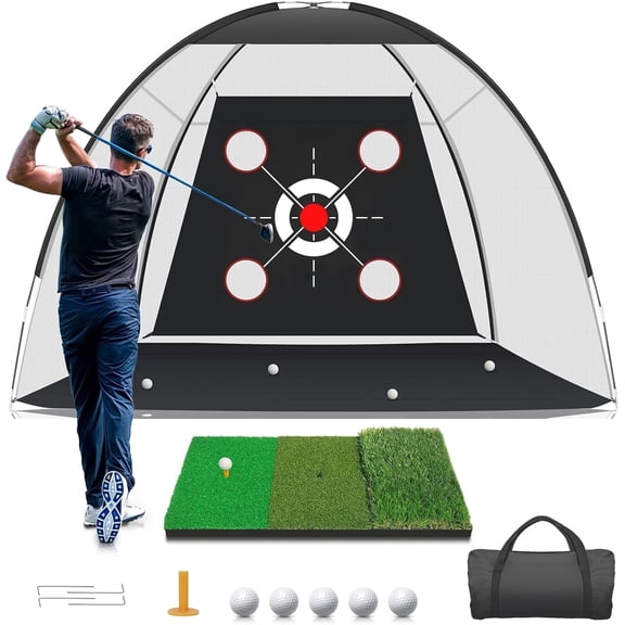 golf net 107-foot golf simulator aid net practice mat, suitable for backyard driving and chipping practice swings, complete with target mat and ball, for indoor and outdoor use