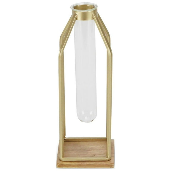 10.75" Gold and Brown Handmade Metal Lantern with Glass Tube Insert