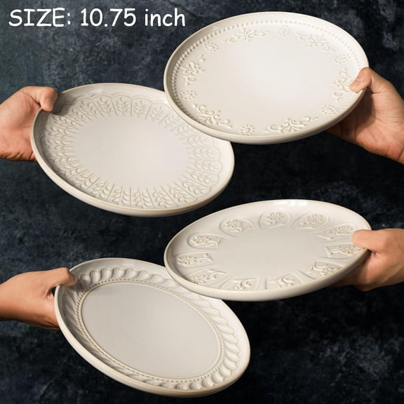10.75 Inch Ceramic Plates Set of 4 + Embossed Lipped Edge Design - Hot Deal Tableware - Practical Plates for Serving Salad, Pasta, Dinner & Snacks - Designed for Home Dining & Families