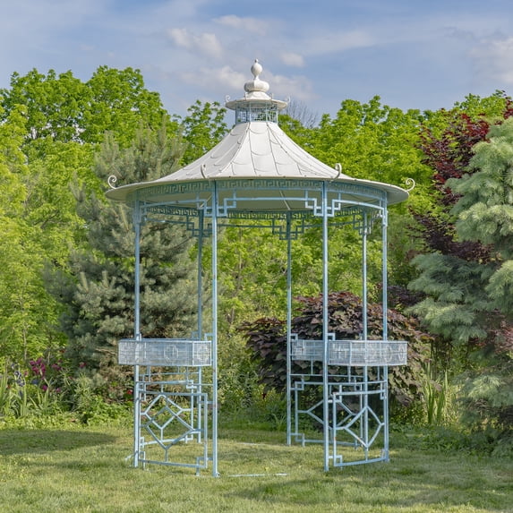 10.7ft. Tall Opulent Round Iron Gazebo with Side Walls & Planters in Light Blue "Tsugo"