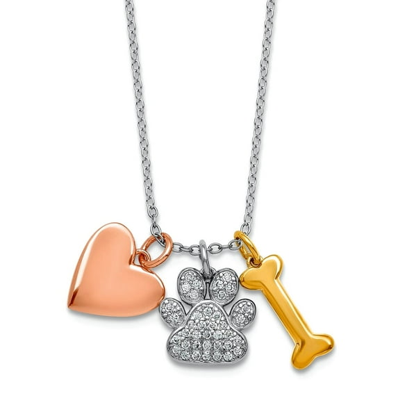 10.7mm Ss Rhodium Plated With Rose and Gold Plat CZ Paw Love Heart Animal Pet Dog Bone 2 Inch Extension Necklace 16 Inch