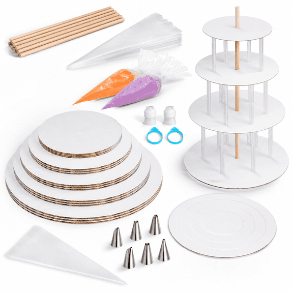 10-8-6-4 Inch 4-Layer Cake Tier Stacking Kit with Boards and Baking Accessories