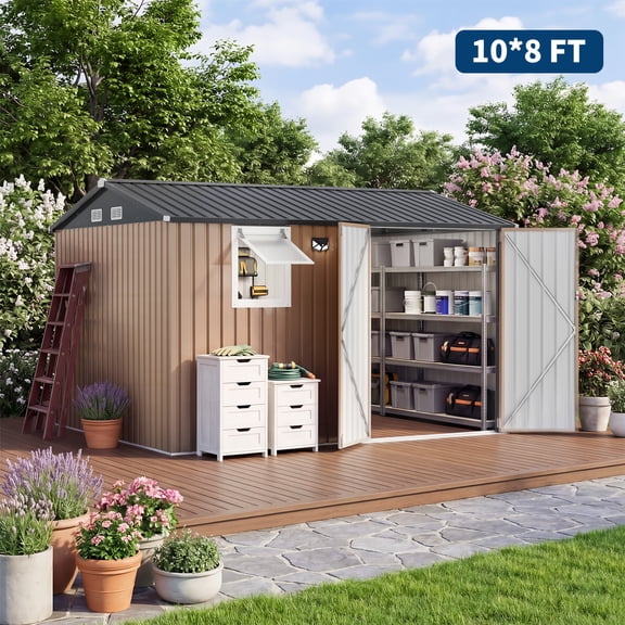 10×8 FT Outdoor Metal Storage Shed – Lockable Double Doors, Sloping Roof, Push-Out Window & LED Light – Durable Galvanized Steel Garden Shed for Patio, Backyard & Garage