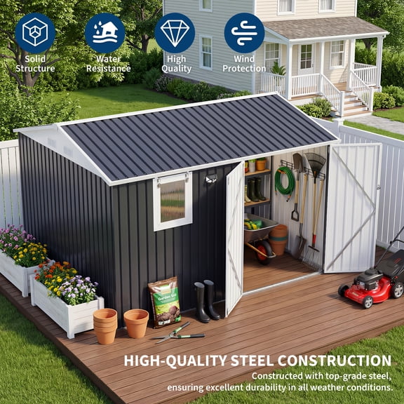 10×8 FT Outdoor Metal Storage Shed – Lockable Double Doors, Sloping Roof, Push-Out Window & LED Light – Durable Galvanized Steel Garden Shed for Patio, Backyard & Garage