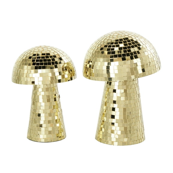 10", 8"H Gold Glass Handmade Mosaic Mirrored Mushroom Sculpture, by DecMode (2 Count)