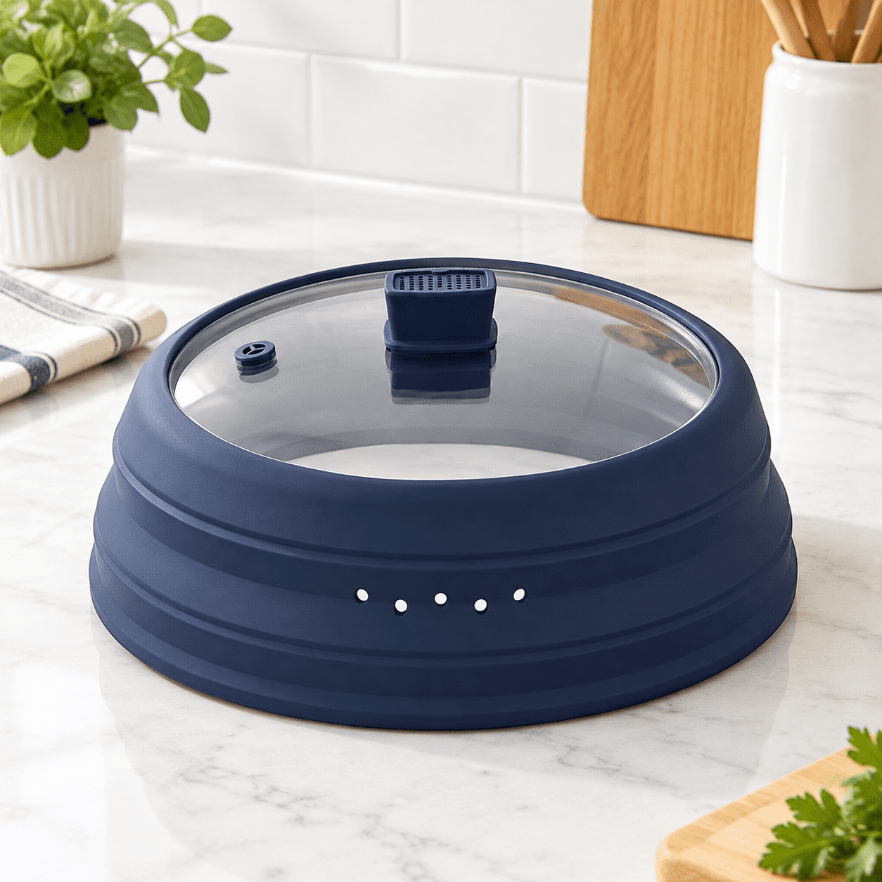 10.8 Inch Dark Blue Microwave Splatter Cover with Collapsible Silicone ...