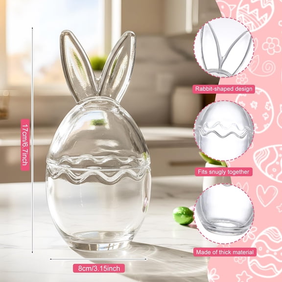10.8 oz Easter Glass Jar with Lid Large Bunny Ear Egg Candy Jar Clear Decorative Food Storage Container Rabbit Egg Shape Storage Canister Easter Bunny Table Decor for Gift,2PCS