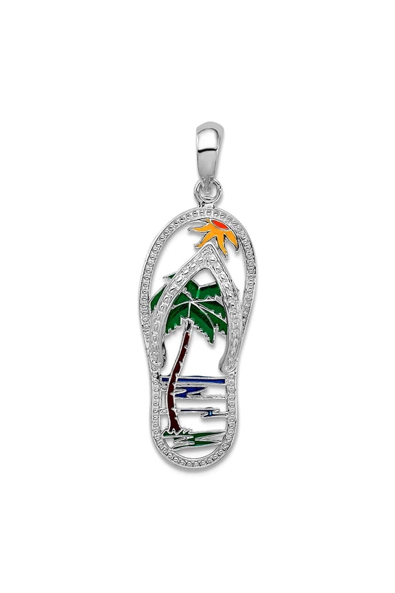 10.87mm 925 Sterling Silver Rhodium Plated Enameled Palm Tree Flip Flop Pendant Necklace Pendant for Women