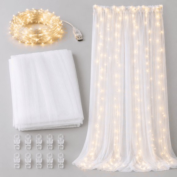 108ft White Tulle Backdrop Curtains with Lights(2 Panels 58ft)
