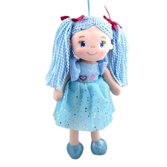 10.8in Pigtail Plush Doll, Soft Rag Doll Figures with Sparkly Dresses and Bows for Imaginative Play and Room Decoration,Blue