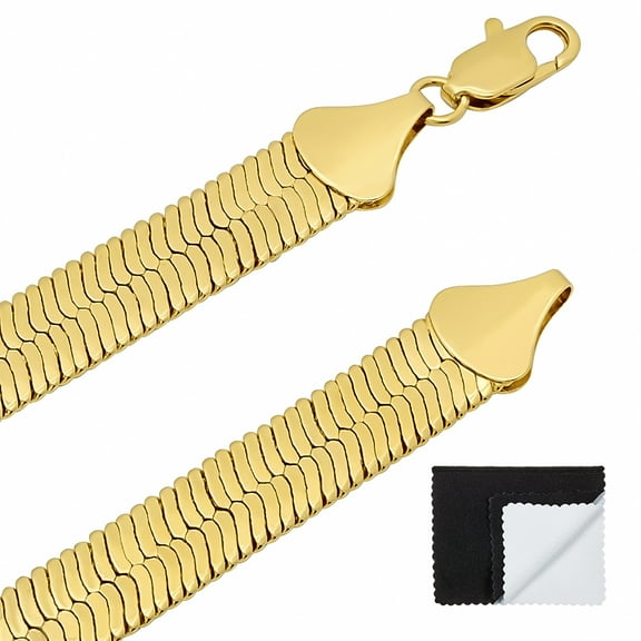 10.8mm 14k Yellow Gold Plated Flat Herringbone Choker Chain Necklace, 18 inches