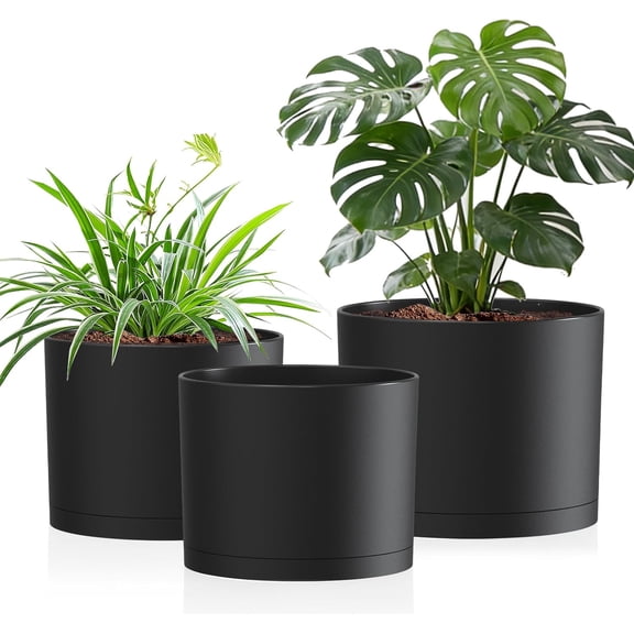 10/9/8 Inch Large Plant Pots with Drainage Holes and Trays, 3 Pack Modern Minimalist Cylinder Planters for Monstera, Snake Plant, Indoor Outdoor (Matte Black) Matte Black