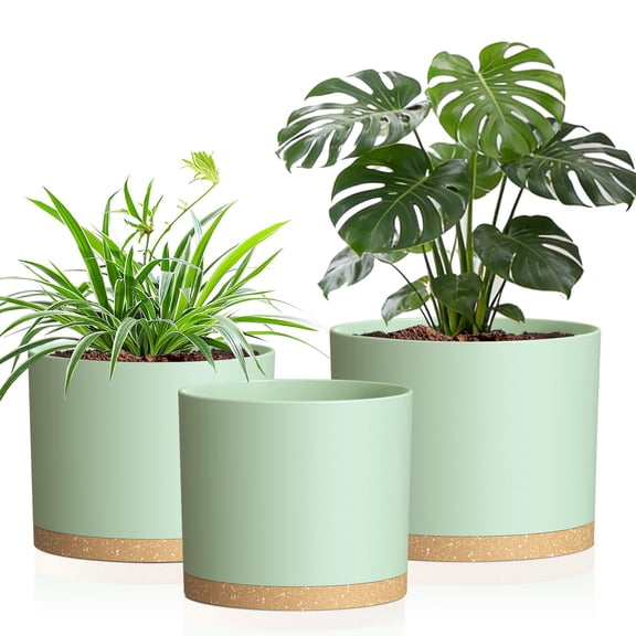 10/9/8 Inch Plant Pots 3 Pack, with Drainage Hole & Saucers | Cylindrical plastic planters with drainage holes & saucers.