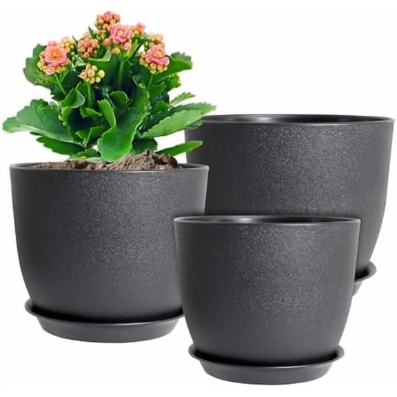 10/9/8 inch Medium Plant Pots, 3 Pack Modern Decorative Plastic Planters with Drainage Holes and Saucers, Flower Pots for Indoor Outdoor Plants, Black