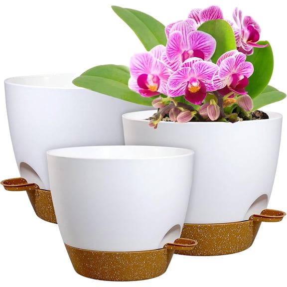 10/9/8 inch Medium Self Watering Pots, Planter, Pots with Mesh Drainage Holes for Indoor Outdoor Garden , Flower Pots with Removable Deep Reservoir, White with Brown