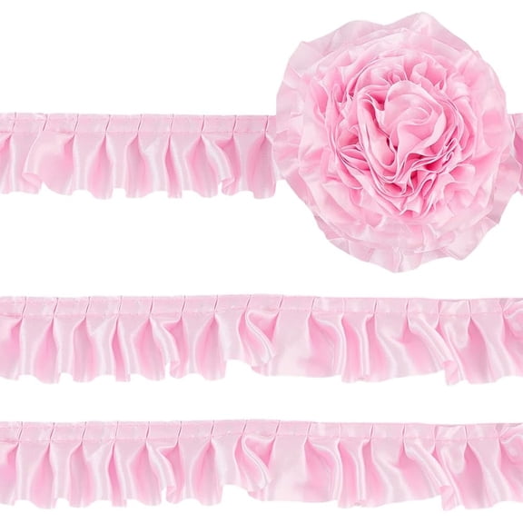 10.9 Yards Satin Lace Edge Ribbon 1-5/8 Inch Wide Gather Ruffle Trim Pleated Fabric Ribbon Polyester Fringe Lace Edge Trim Decoration for Clothes Decor DIY Sewing Craft (Pink) Pink