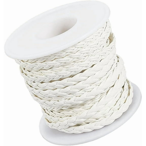 10.94 Yard 5MM Flat PU Leather String Cord White Woven Leather Folded Bolo Cording Lace Straps Rope Braiding Strip Thread for Jewelry Making Crafts Bracelet Necklace DIY Projects
