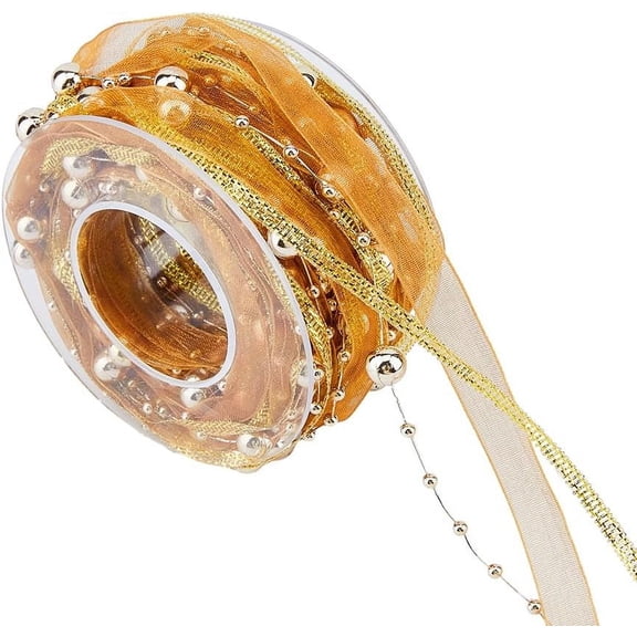 10.94 Yard Beaded Ribbon Polyester Ribbon with Beads Chiffon Ribbon Organza Lace Ribbon Trims for Sewing Wedding Christmas Tree Decoration 10m/Roll Sandy Brown