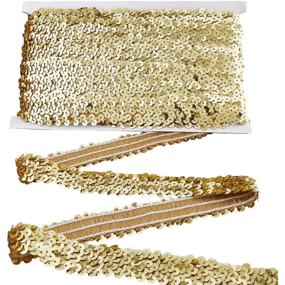 10.94 Yards 1 Inch Gold Sequin Trim Elastic Flat Sequins Stretch Beaded Ribbon Spangle Paillette Metallic Glitter Strip Trim Bulk