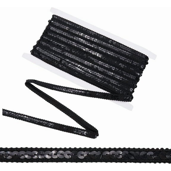 10.94 Yards Black Sequin Strips Glitter Single Row Ribbon Lace Trim Elastic Flat Round Paillette Sequins Rolls Polyster Shiny Ribbons for Clothing Accessories Decor DIY Craft Supply