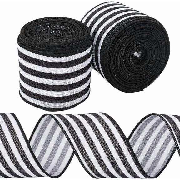 10.94 Yards Black and White Striped Ribbon Christmas Single Face Printed Fabric Polyester Wired Edging Strip Grosgrain Ribbons for Gift Wrapping Wreath Garland Party Decoration DIY Craft