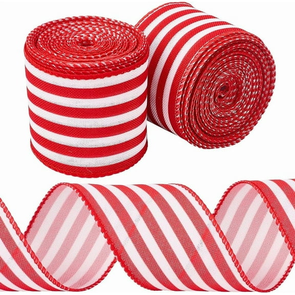10.94 Yards Red White Striped Ribbons Christmas Single Face Printed Polyester Fabric Grosgrain Strip Edging Wired Satin Ribbon for Gift Wrapping Wreath Making Festival Decor Diy Craft Supply