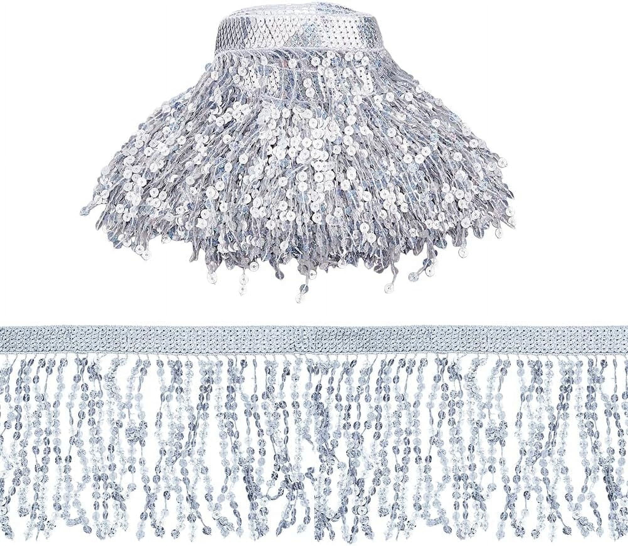 10.94 Yards Sequins Tassel Ribbon Trim 17cm/6.69inch Wide Sequins Fringe Trim Paillette Lace Trim Bling Sewing Fringe Trim Silver Sparkle Tassel Lace Ribbon for Sewing Craft Home Party Silver