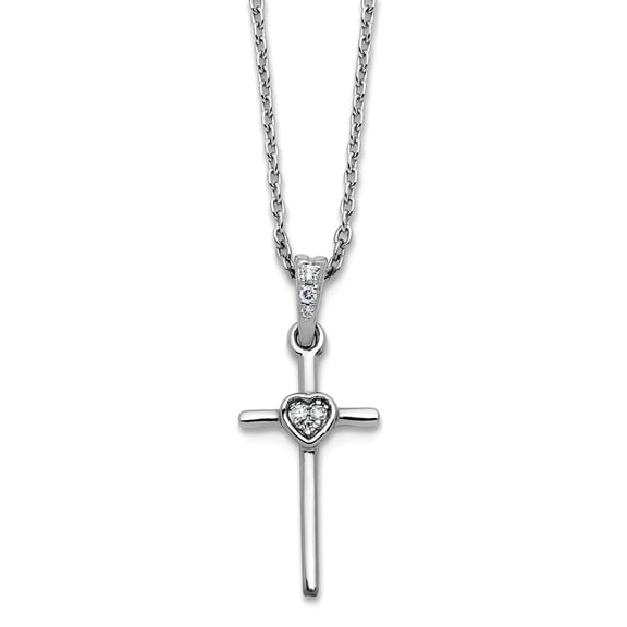 10.95mm Ss Rhodium Plated White Ice .05 Diamond Religious Faith Cross Love Heart With 2 Inch Extension Necklace 18 Inch