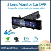 10.99 2G+32G Android 8.1 4G Car Rearview Mirror Stream Media GPS Navi 3 Lens Dash Cam Dual 1080P Camera Car Dvr ADAS