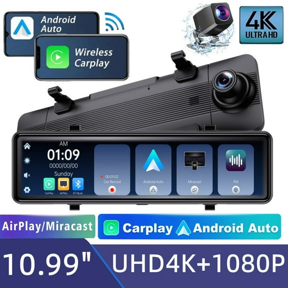10.99 4K Wireless CarPlay Dash Cam Front and Rear with Android Auto, 128GB, WiFi, Touchscreen Mirror Dash Camera, Night Vision