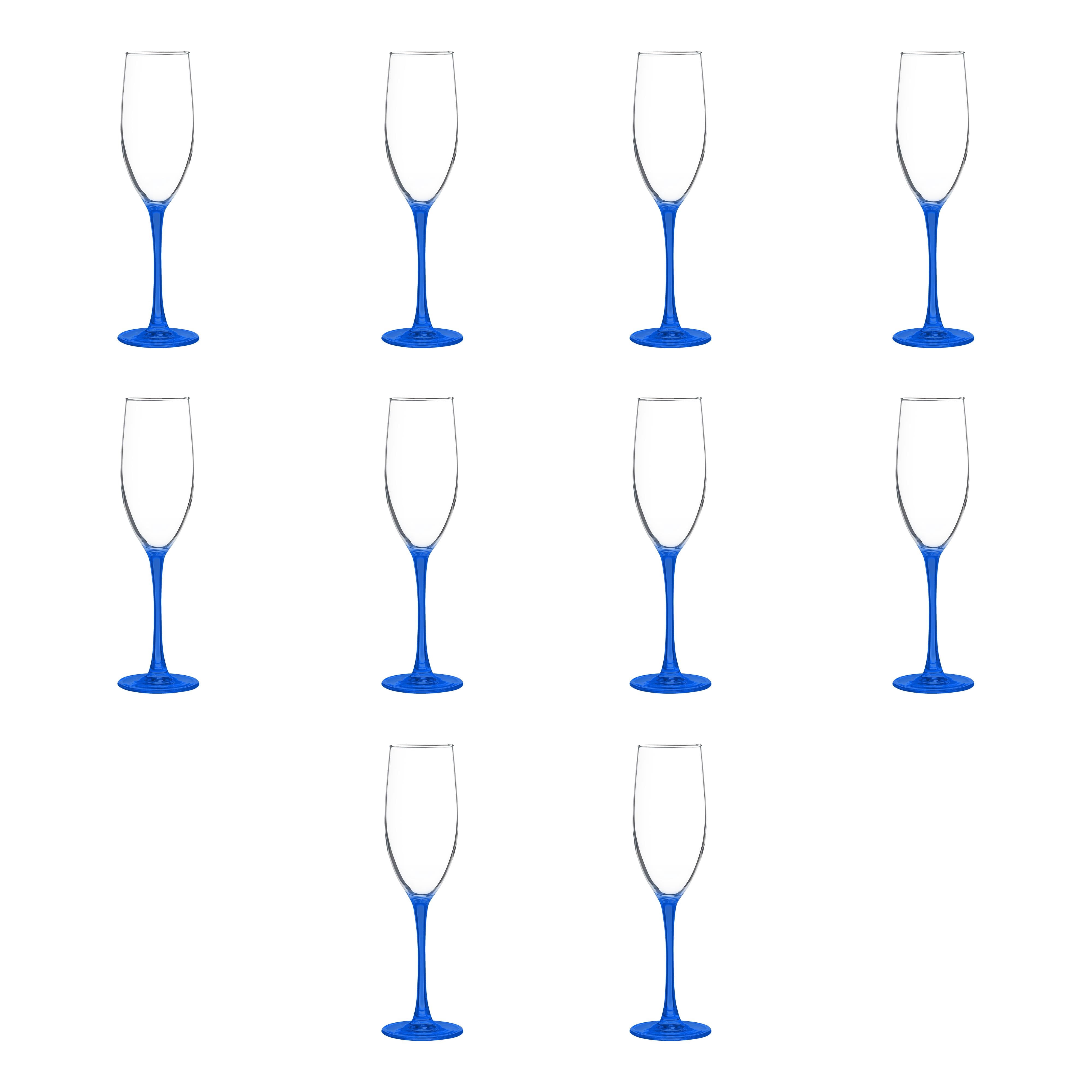 10 ARC Connoisseur Grand Champagne Flutes Set, 8 oz. - Durable, Sleek, Color Bottom, Barware - Blue