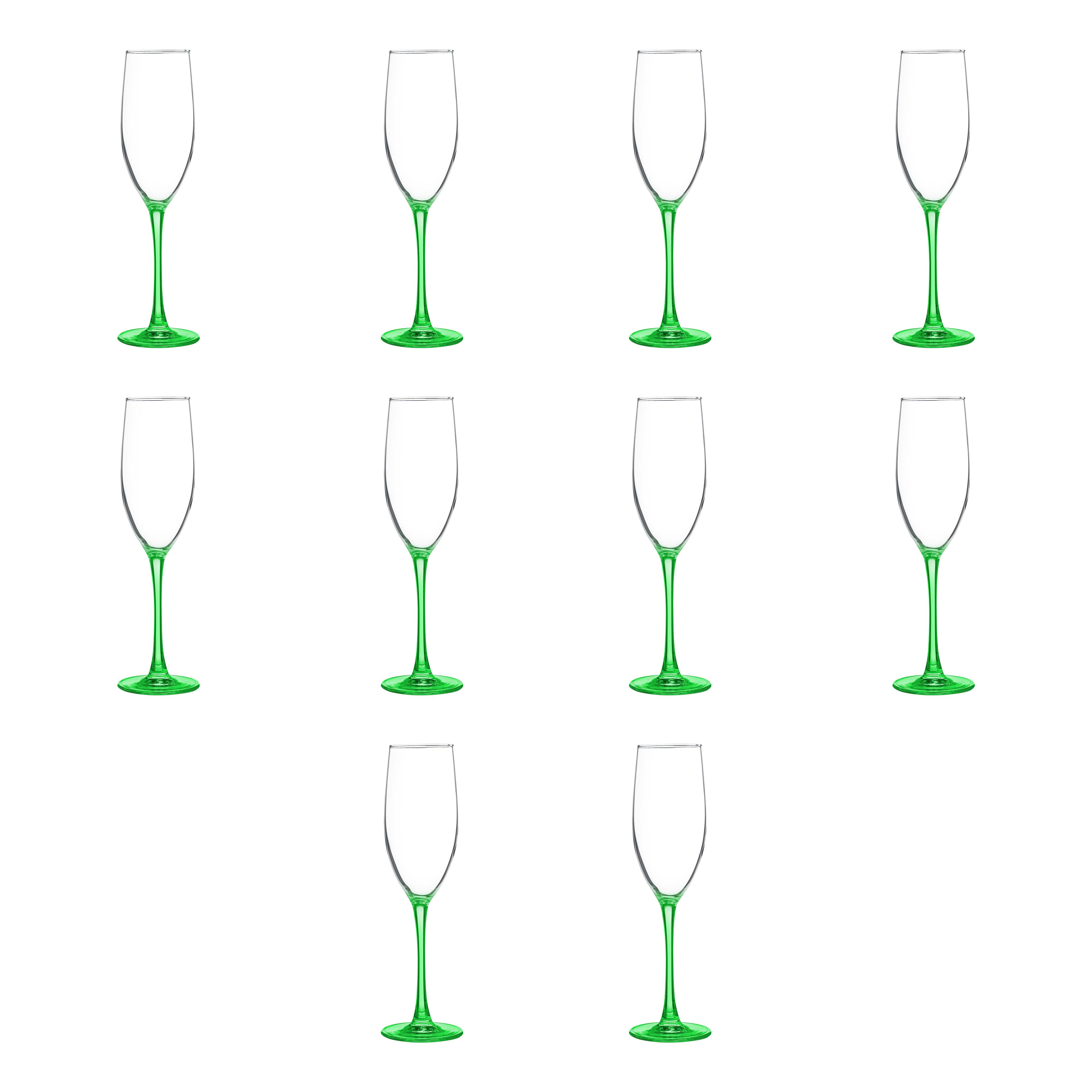 10 ARC Connoisseur Grand Champagne Flutes Set, 8 oz. - Durable, Sleek, Color Bottom, Barware - Green