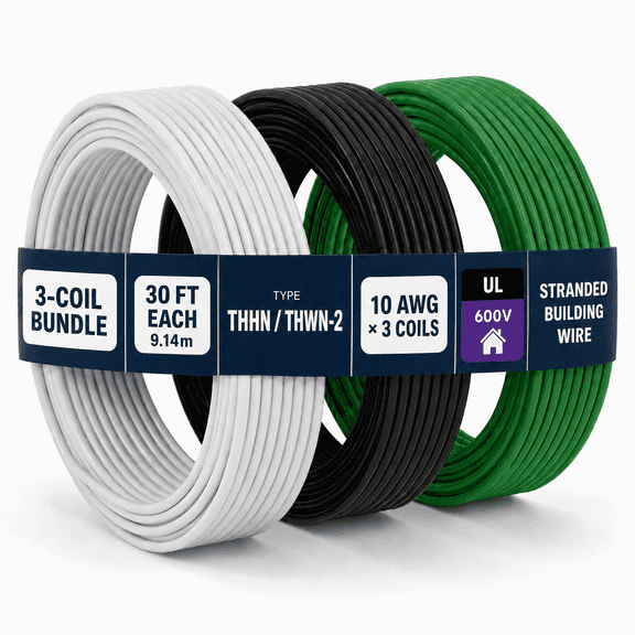 10 AWG THHN Stranded Copper Wire 3-Coil Bundle, White/Black/Green, PVC/Nylon Jacket, 30Ft