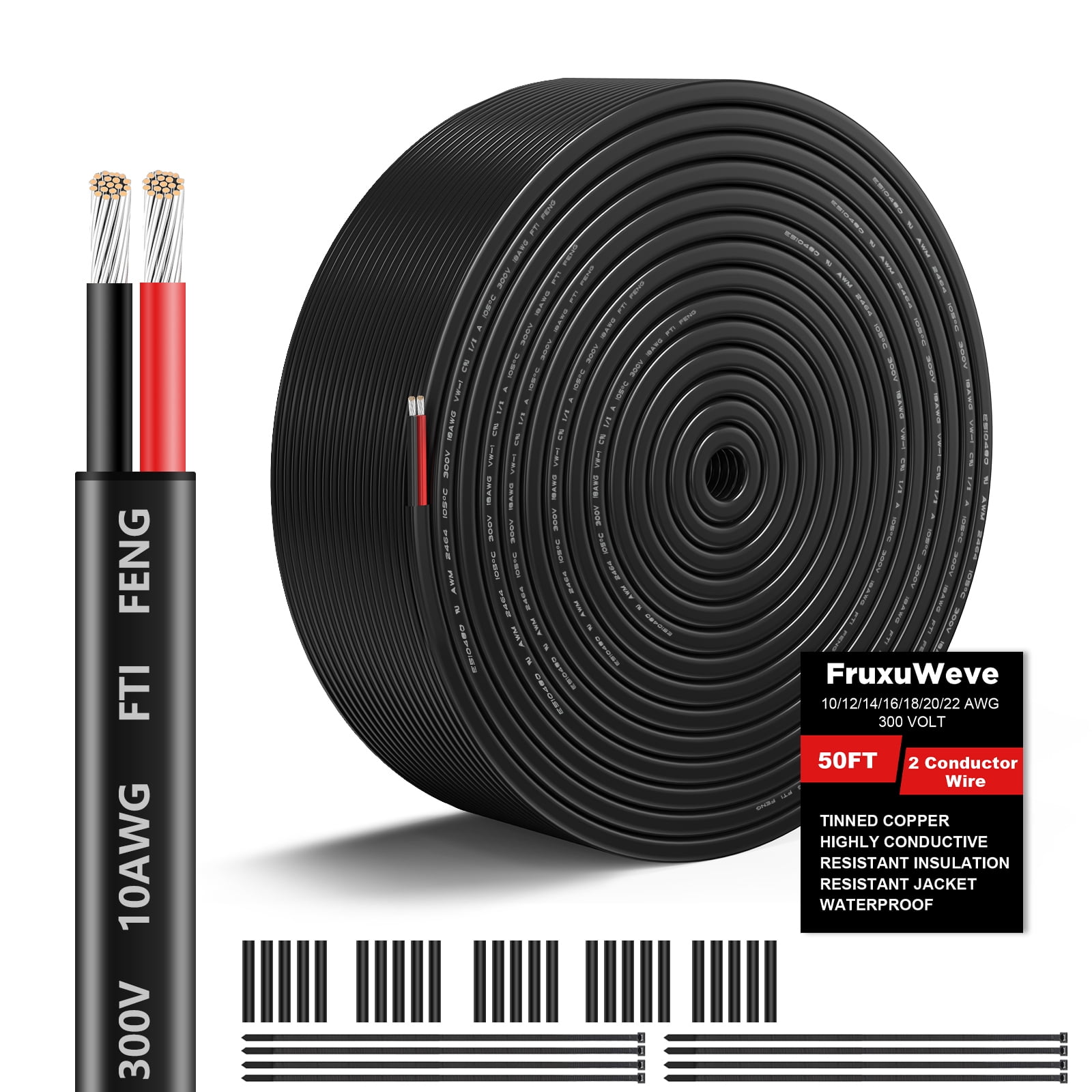 10 AWG Wire 50FT, 2 Conductor Red and Black Tinned Copper Electrical Wire, Flexible Low Voltage Cable for Automotive Marine LED Lighting