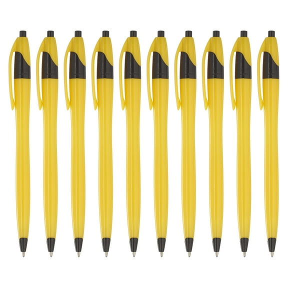 10 Accent Click Action Pens Pack - Plastic, Curvy, Vibrant, Black Ink - Yellow