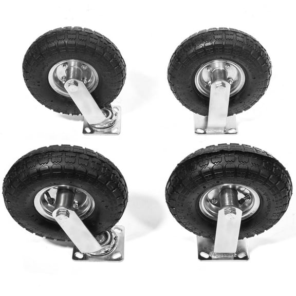 XtremepowerUS 10" Pneumatic Casters Set of 4 (2 Swivel/2 Rigid), Heavy Duty Casters, 1200 Pound Max Weight Capacity, Rubber Knobby Tread For Workbench, Cart, Trolley, Wagon & Shelves