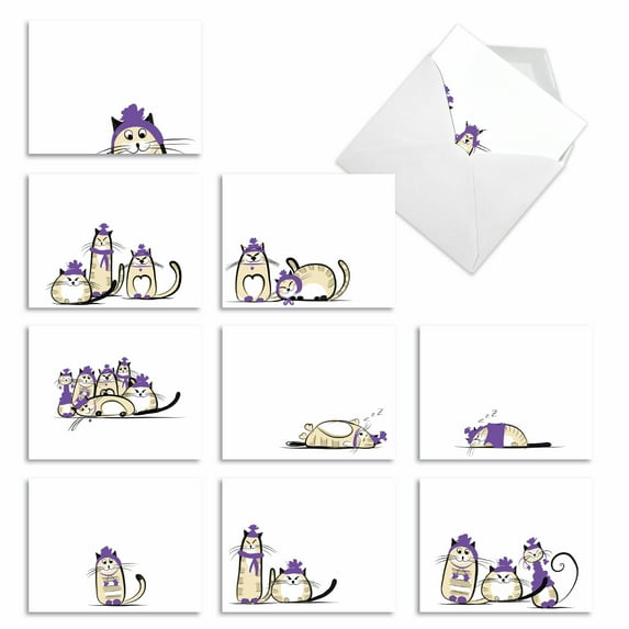 10 All Occasion Blank Note Cards Assorted (4 x 5.12 Inch) - PURPLE PURRS M3966