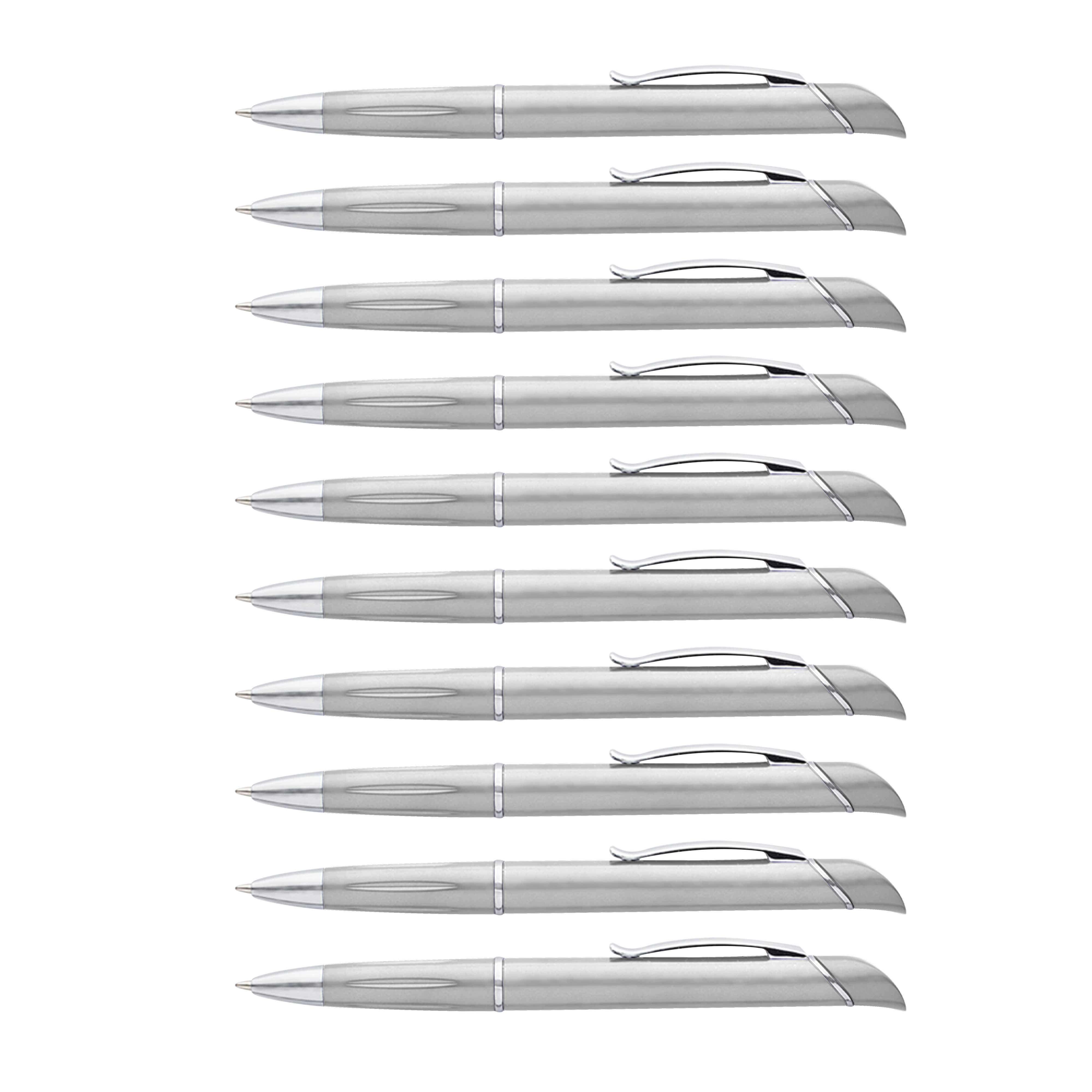 10 Allende Twist Plastic Pens with Highlighter Pack - Stylish, Durable, Black Ink - Silver