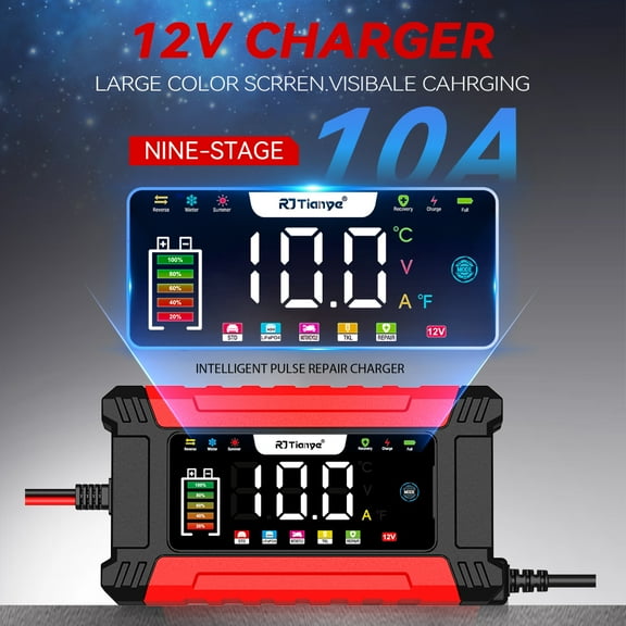 10-Amp Battery Charger, Smart Trickle Charger 12V Car Battery Charger Fully Automatic Maintainer Desulfator w/Temp Compensation for Car Truck Lawn Mower Boat Marine Batteries